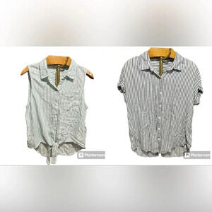 BEACH LUNCH LOUNGE ~ Bundle of Two Large Striped Rayon Lyocell Tops Green Blue